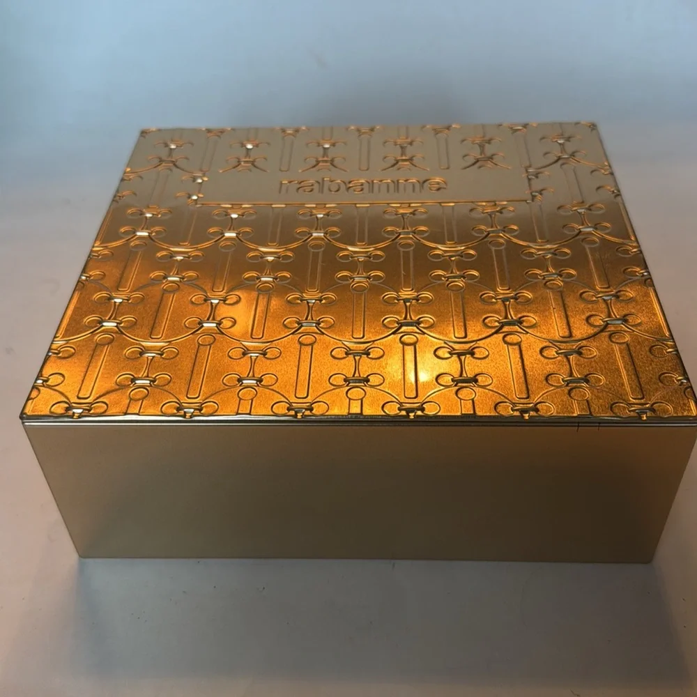 PACO RABANNE Gold Tone Metal Keepsake Tin Box 7.5x8.5x3” NWOT